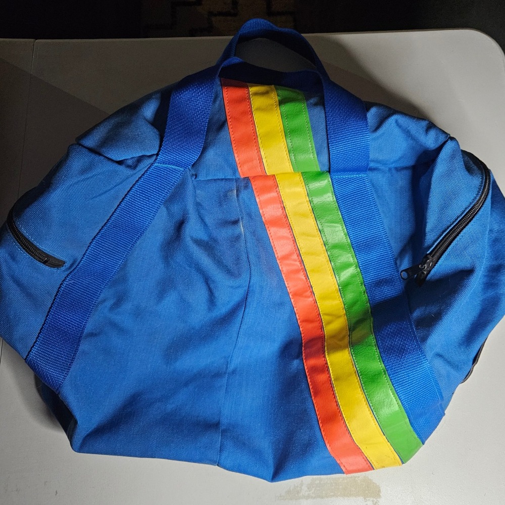 Vintage 80s Rainbow Stripe Canvas Duffel Bag Blue Retro Gym Travel Weekender - Picture 2 of 8